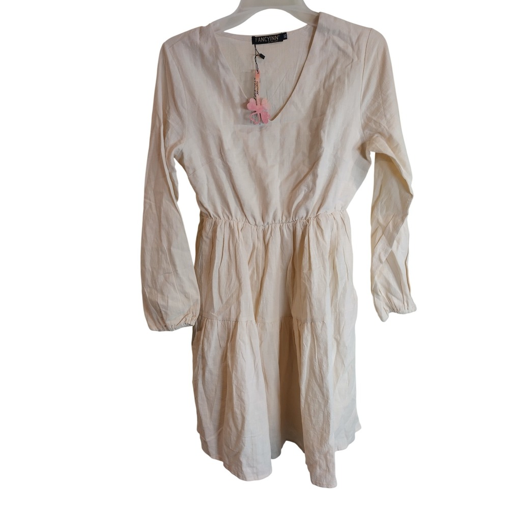 Fancyinn Womens V-Neck Long Sleeve Tiered Ruffle Mini Dress Cream XS NWT